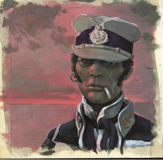 Illustration du personnage "Corto Maltes"  uniforme avec une casquette blanche, fumant une cigarette, sur un fond de ciel rouge et nuageux.