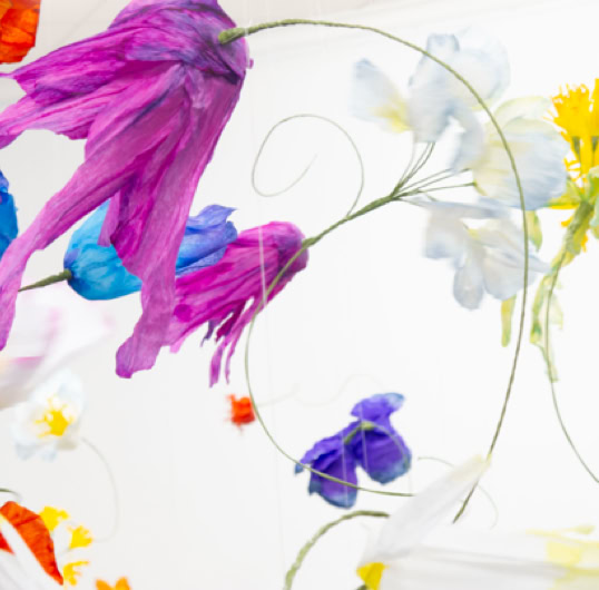 Éden, est une invitation au rêve et l’illustration d’un jardin perdu aux fleurs imaginaires, fragiles et délicates. Telle une évocation métaphorique, la main de l’artiste se substitue à la nature pour recréer l’illusion d’une beauté en péril. Sculpture de papier installation