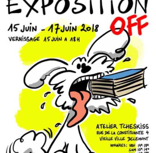 Affiche colorée avec un chien blanc tenant des livres dans sa gueule, texte annonçant le Festival Delémont BD 2018, dates et informations sur l'exposition.