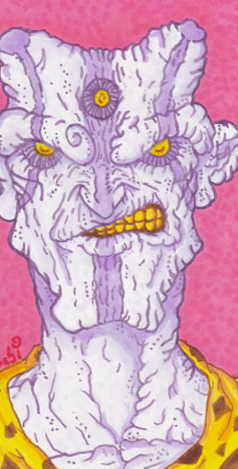 Illustration d'une créature fantastique avec une peau violette et rugueuse, trois yeux jaunes, des oreilles pointues, et une expression grinçante, sur un fond rose.
