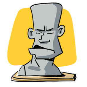 Illustration d'un buste en pierre avec une expression sévère, sur un socle en bois, avec un fond jaune.